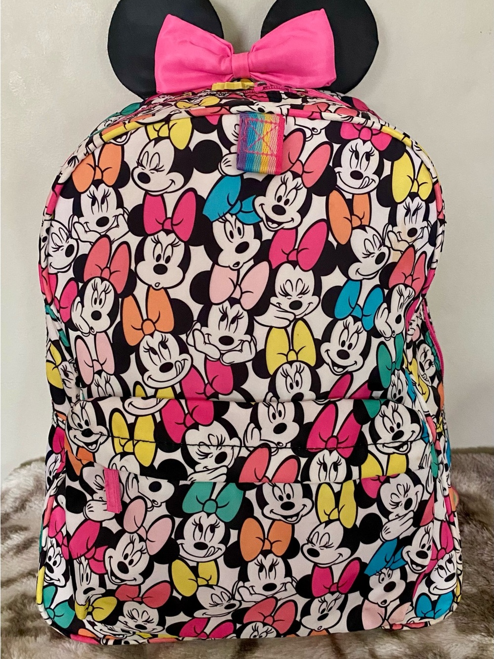 Minnie Mouse Patterned Backpack with Ears and Pink Bow